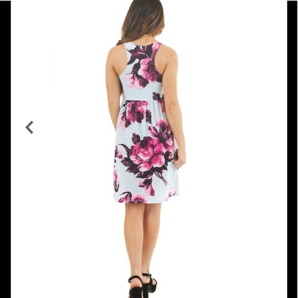 Floral Print Slinky Racerback Baby Blue Dress F. - Picture 3 of 8